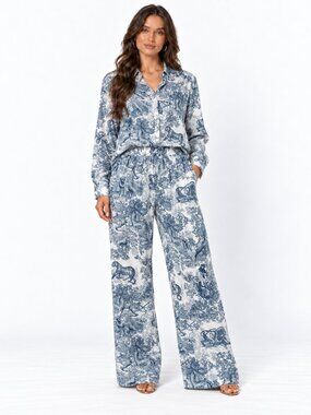 Blue White Jungle Toile Shirt Wide Leg Pants Set Vacation Resort NWT M L Outfit